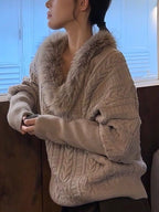 Fur V-neck Retro Batwing Sleeve Sweater