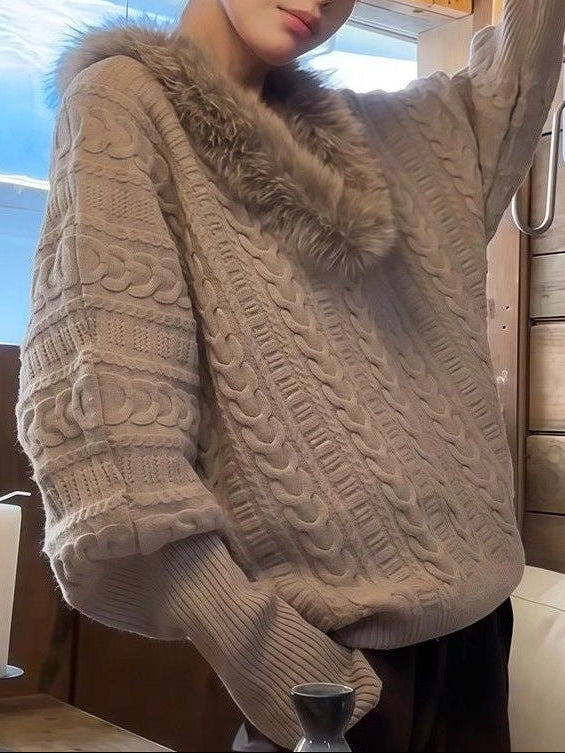 Fur V-neck Retro Batwing Sleeve Sweater