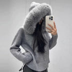 Large Fur-trimmed Hooded Knit Cardigan by painevida