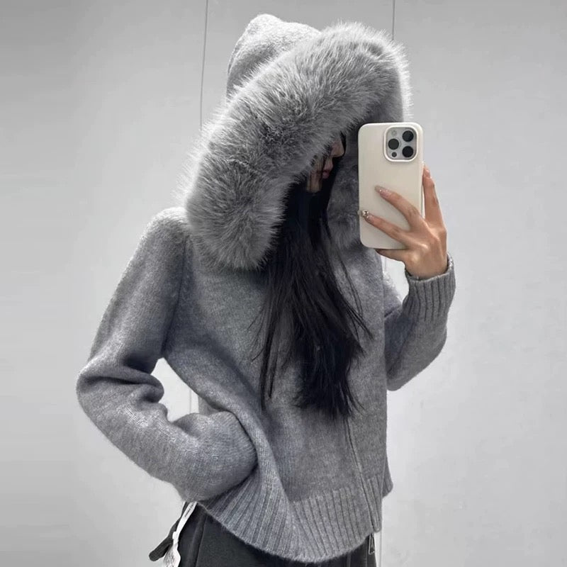 Large Fur-trimmed Hooded Knit Cardigan by painevida