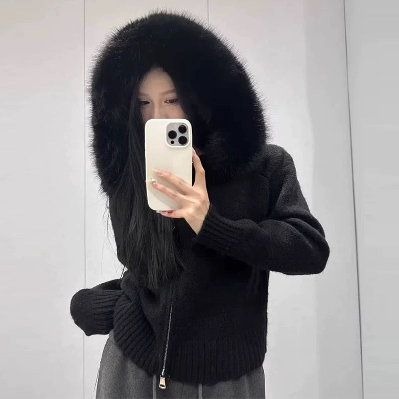 Large Fur-trimmed Hooded Knit Cardigan by painevida