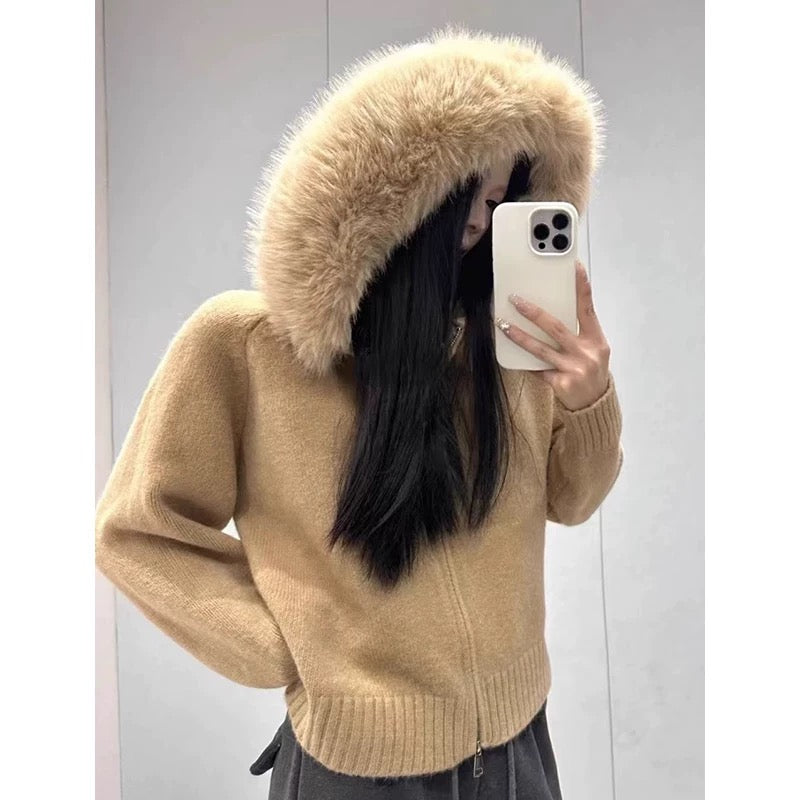Large Fur-trimmed Hooded Knit Cardigan by painevida