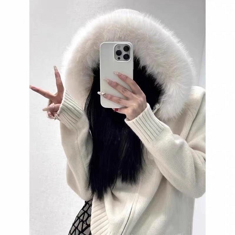 Large Fur-trimmed Hooded Knit Cardigan by painevida