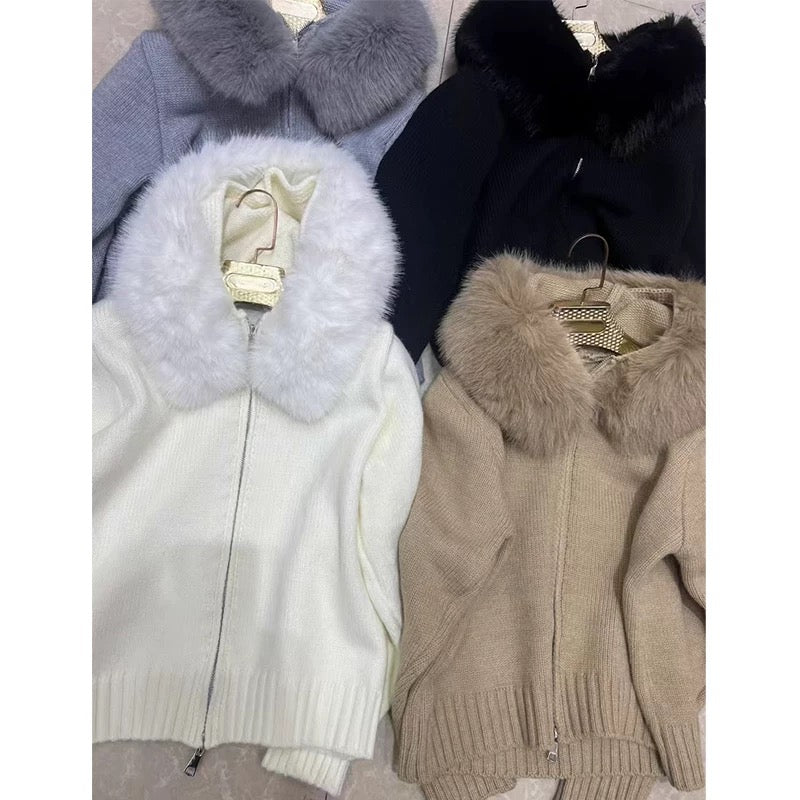 Large Fur-trimmed Hooded Knit Cardigan by painevida