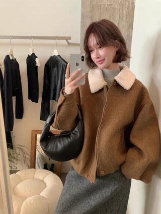 Lambswool Collar Wool Bomber Jacket by painevida