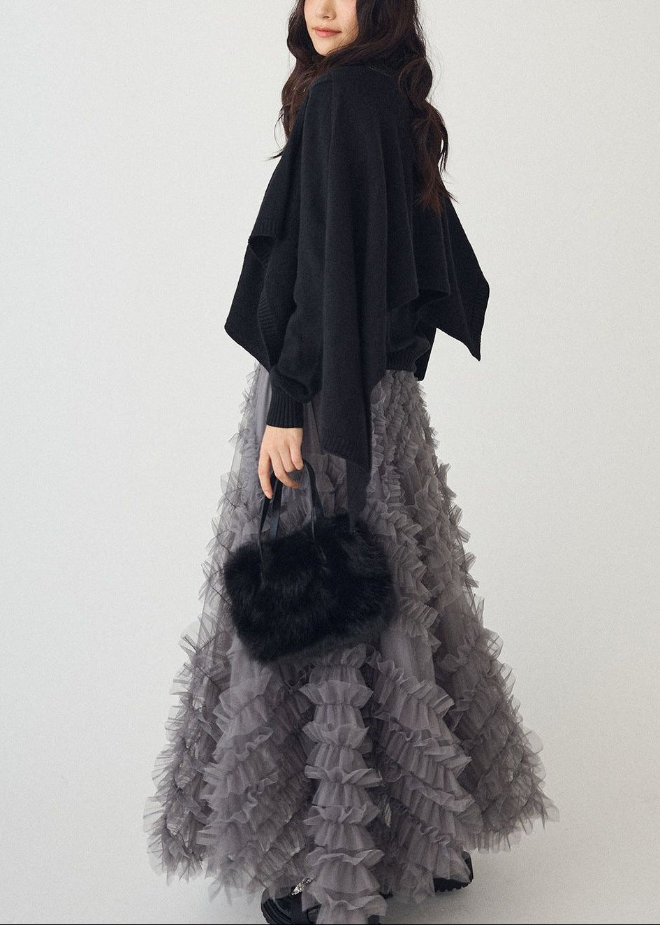 Two-Piece Set: Cape V-Neck Knit Top + Full Skirt