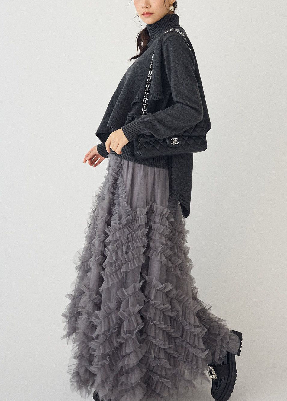 Two-Piece Set: Cape V-Neck Knit Top + Full Skirt