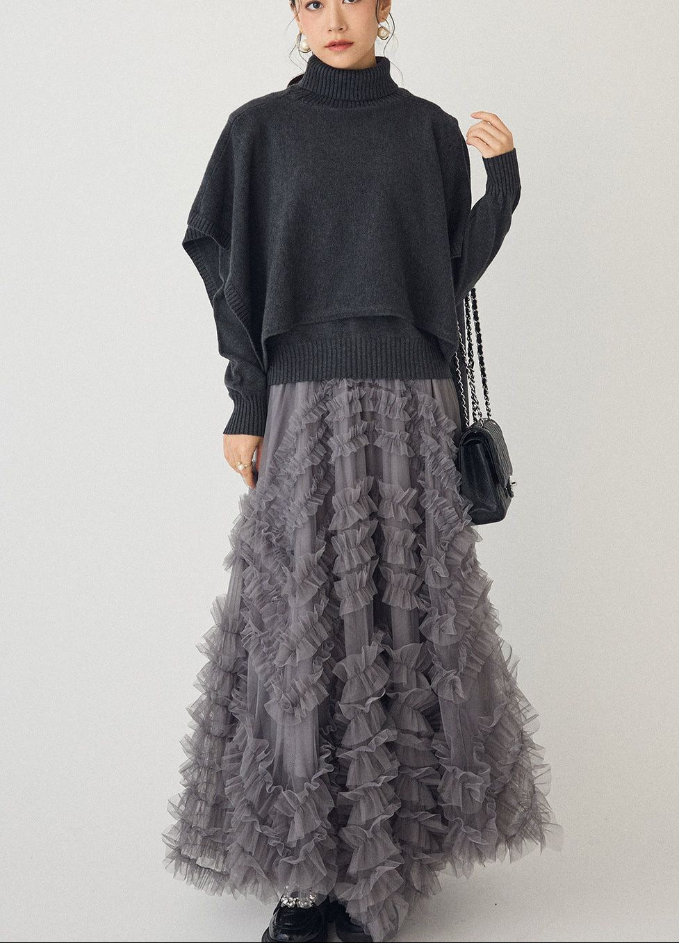 Two-Piece Set: Cape V-Neck Knit Top + Full Skirt