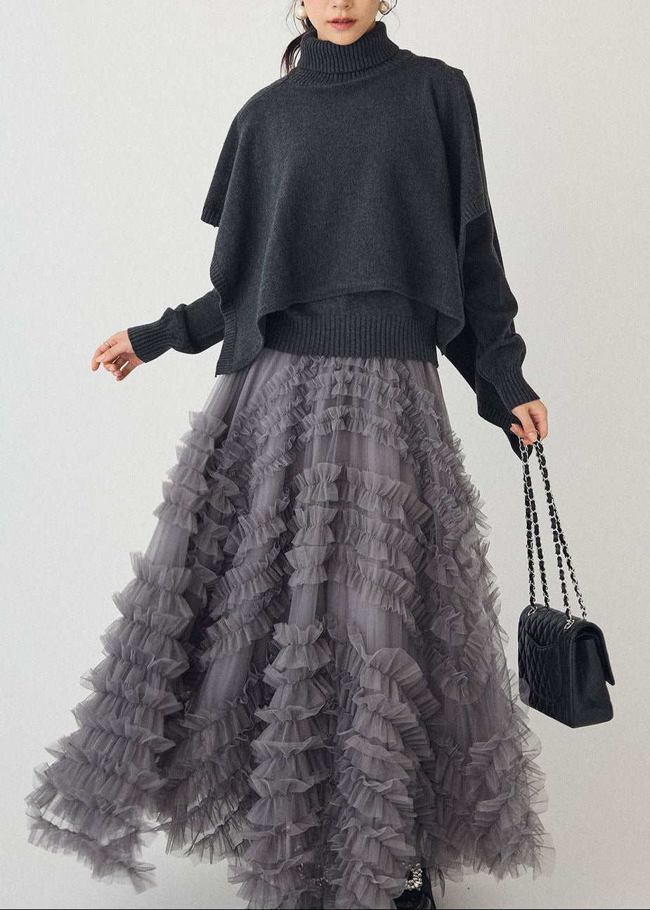 Two-Piece Set: Cape V-Neck Knit Top + Full Skirt