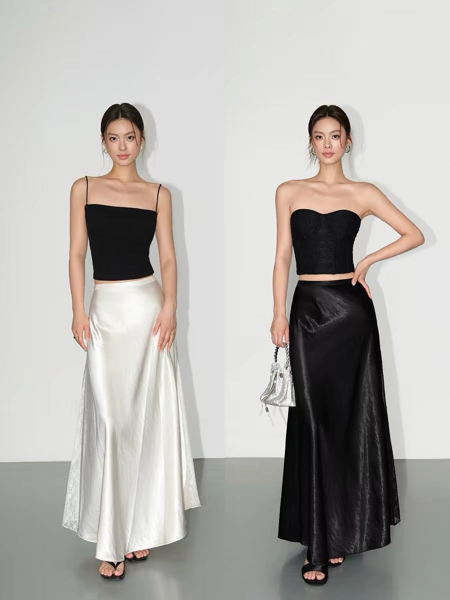Lace-trimmed satin midi skirt