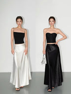 Lace-trimmed satin midi skirt