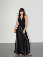 Lace-trimmed satin midi skirt