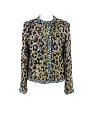 Front view of PAINEVIDA leopard textured jacket with pale blue braided trim and gold-tone buttons