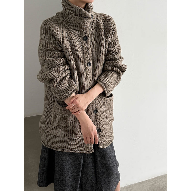 Taupe high-neck cable knit cardigan, front view