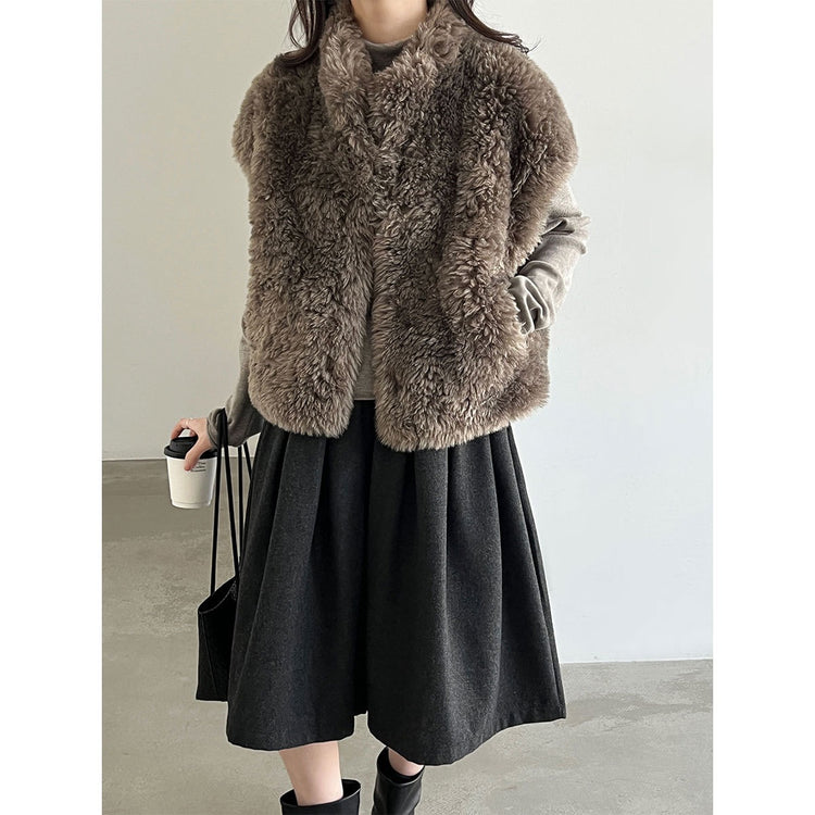 Taupe faux shearling vest, front view