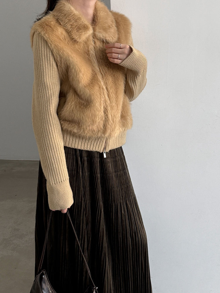 Camel cropped zip-up knit jacket, angled view