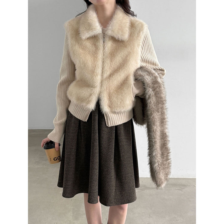 Ivory plush panel zip-up knit jacket with ribbed sleeves, front view