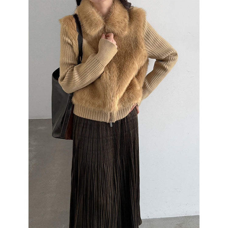 Camel plush panel zip-up knit jacket with ribbed sleeves