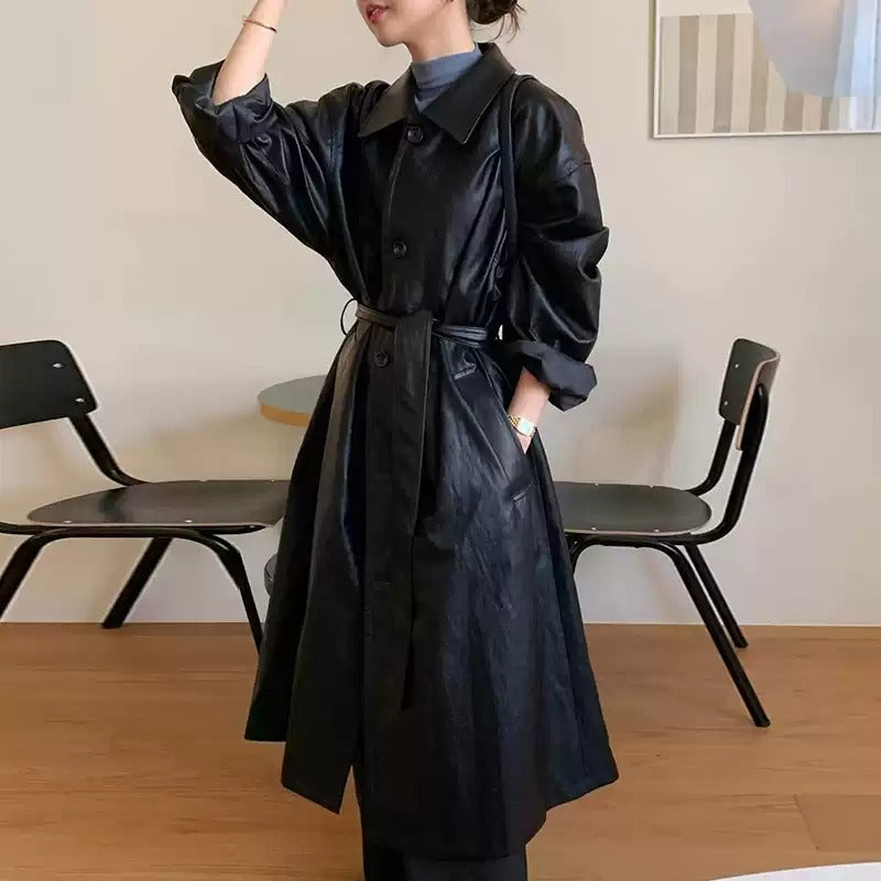 Lapel Tie Single-Breasted Long PU Leather Jacket