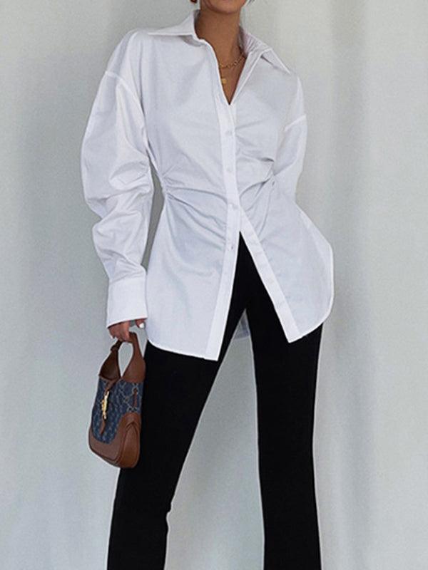 Simple Waist Lapel Ruffeld White Shirt - Stylish & Comfortable
