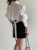 Cutout Back Tie Button Oversized Cropped Shirt - PAINEVIDA