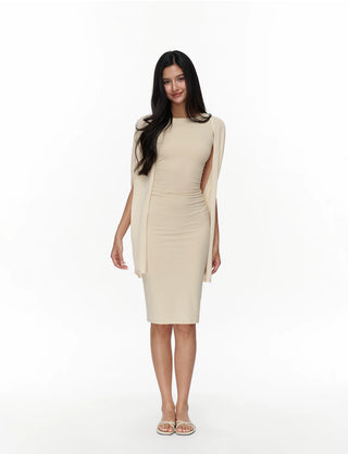 Elegant Cape Sleeve Ruched Midi Dress - PAINEVIDA