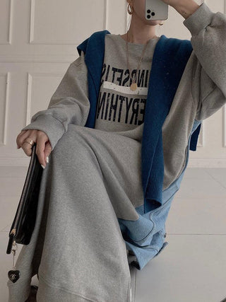 Simple Letter Print Denim Splt-joint Long Sleeve Sweatshirt Dress