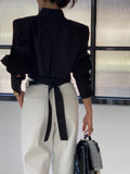 Cutout Back Tie Button Oversized Cropped Shirt - PAINEVIDA