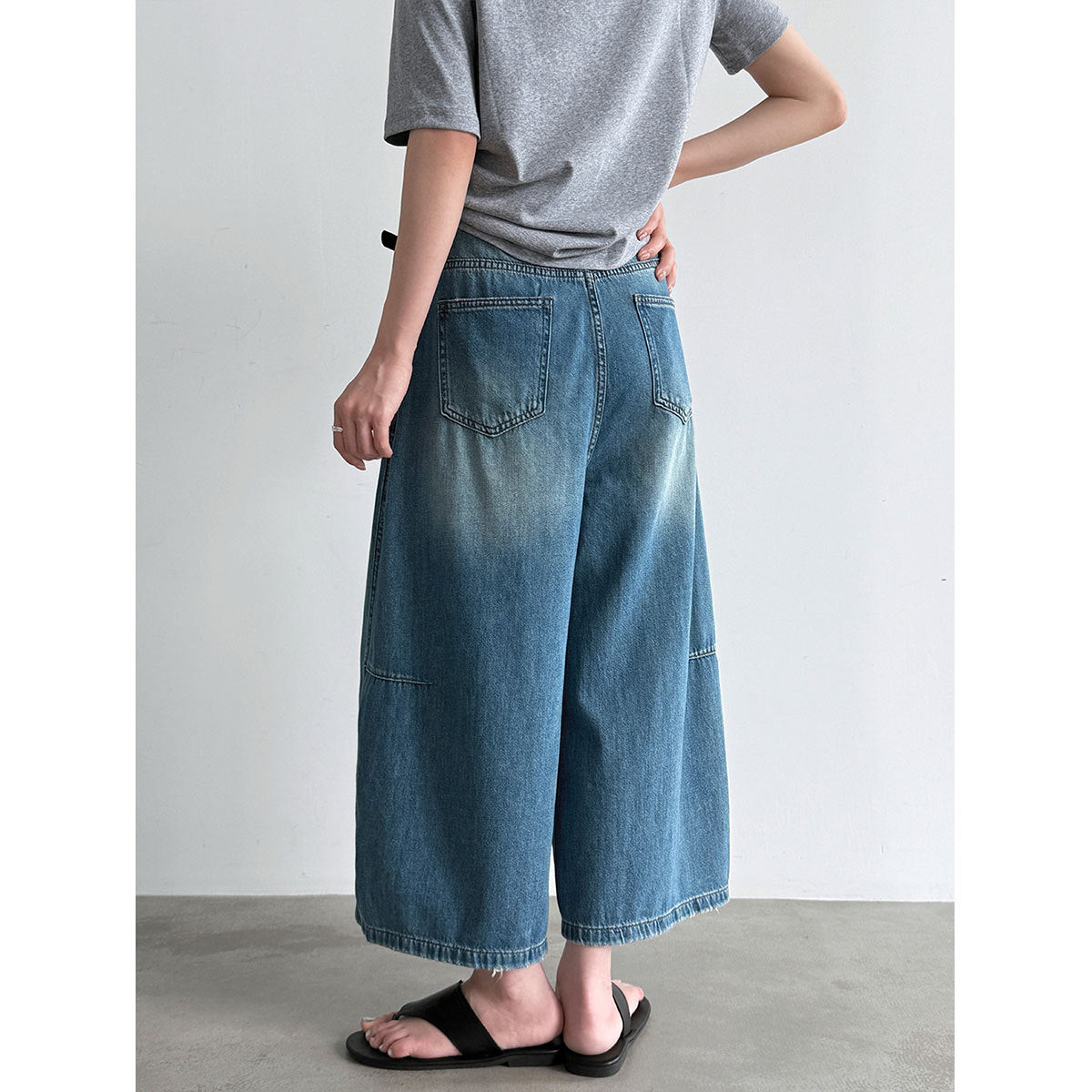 Vintage Denim Cropped Wide Leg Seven Points Jeans With Belt