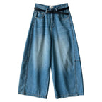 Vintage Denim Cropped Wide Leg Seven Points Jeans With Belt