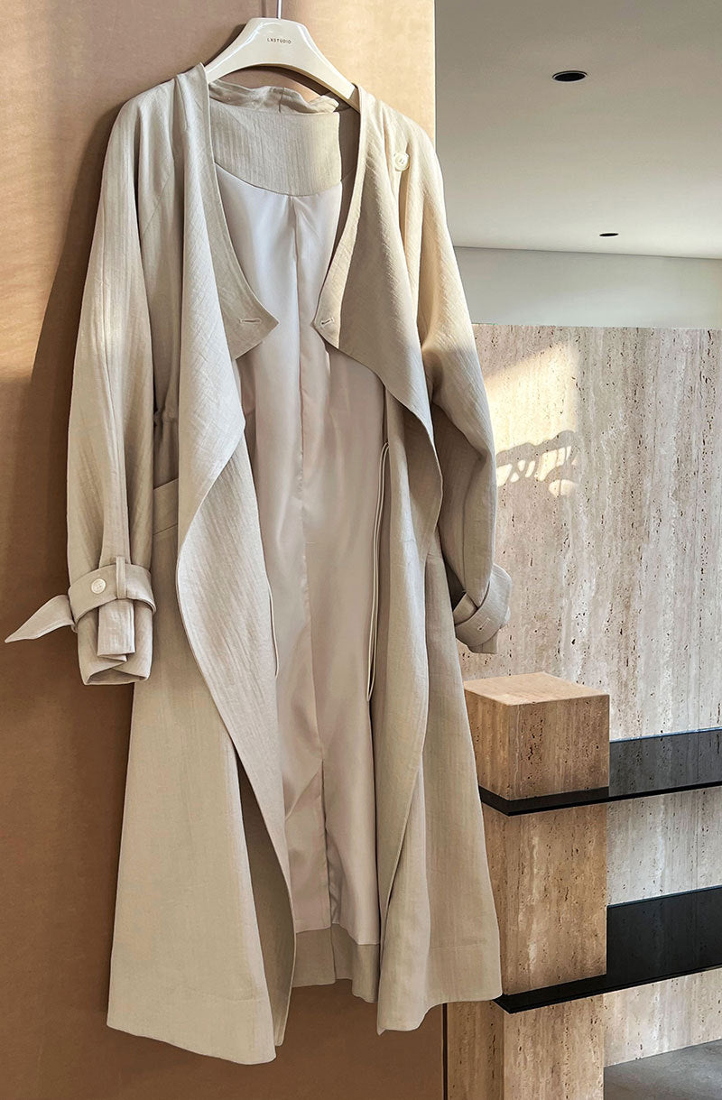 Knee-length Drawstring Linen Windbreaker