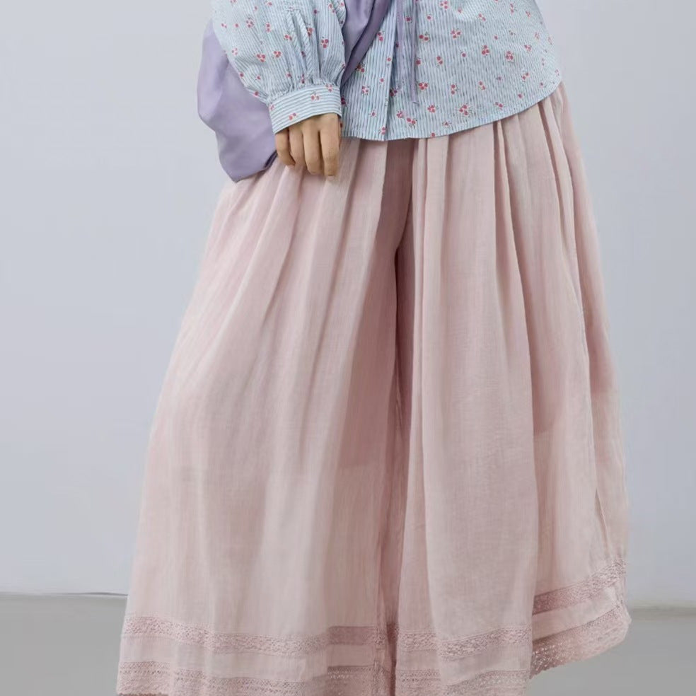 Double-layered Ramie Embroidered Straight-leg Cropped Trousers