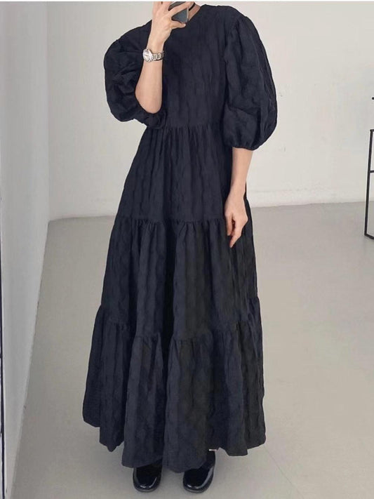 Vintage Round-neck 3D Pleated Ruffle Long Dress