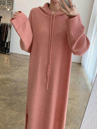 Loose Long Split-side Hooded Knit Dress