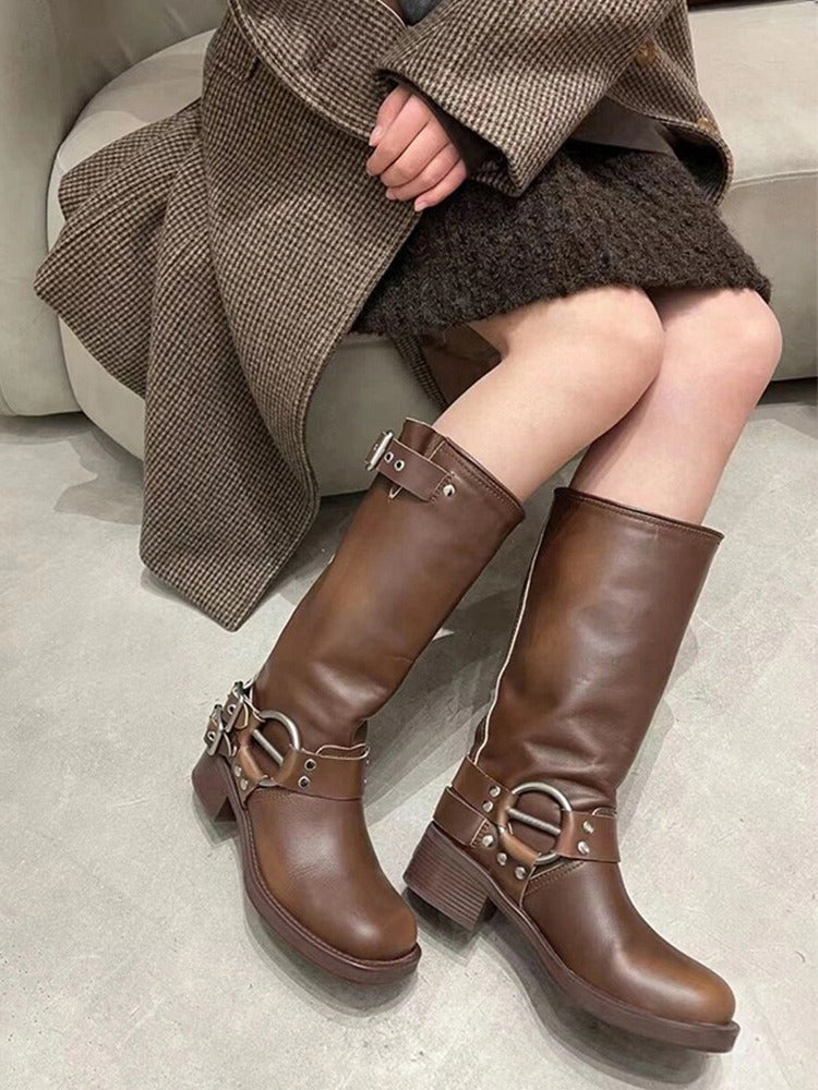 Retro Studded Knight Chunky Heel Boots - PAINEVIDA