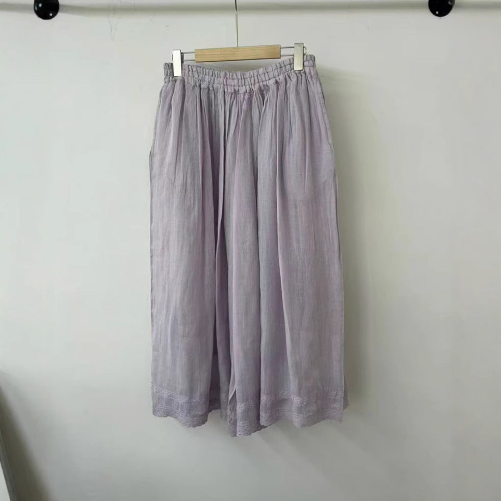 Double-layered Ramie Embroidered Straight-leg Cropped Trousers