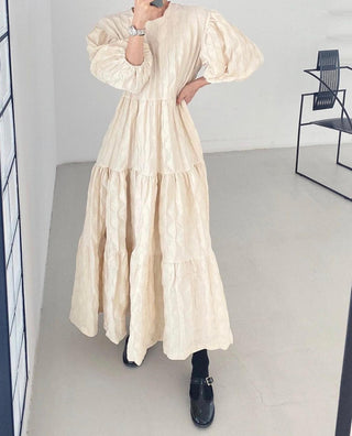 Vintage Round-neck 3D Pleated Ruffle Long Dress