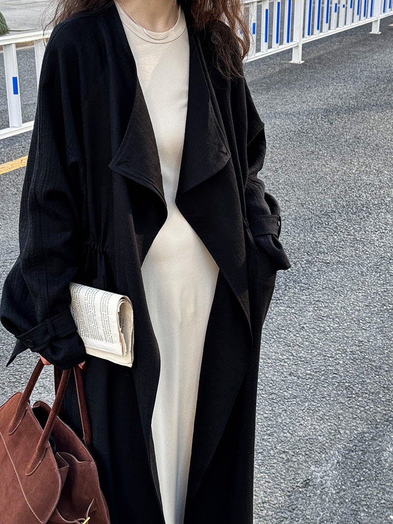 Knee-length Drawstring Linen Windbreaker