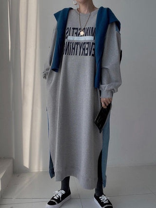 Simple Letter Print Denim Splt-joint Long Sleeve Sweatshirt Dress