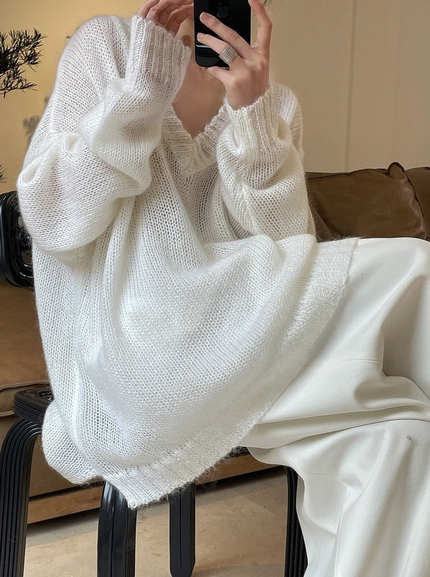 Mohair Loose Thin Hollowed Knit Sweater by painevida