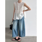 Vintage Denim Cropped Wide Leg Seven Points Jeans With Belt