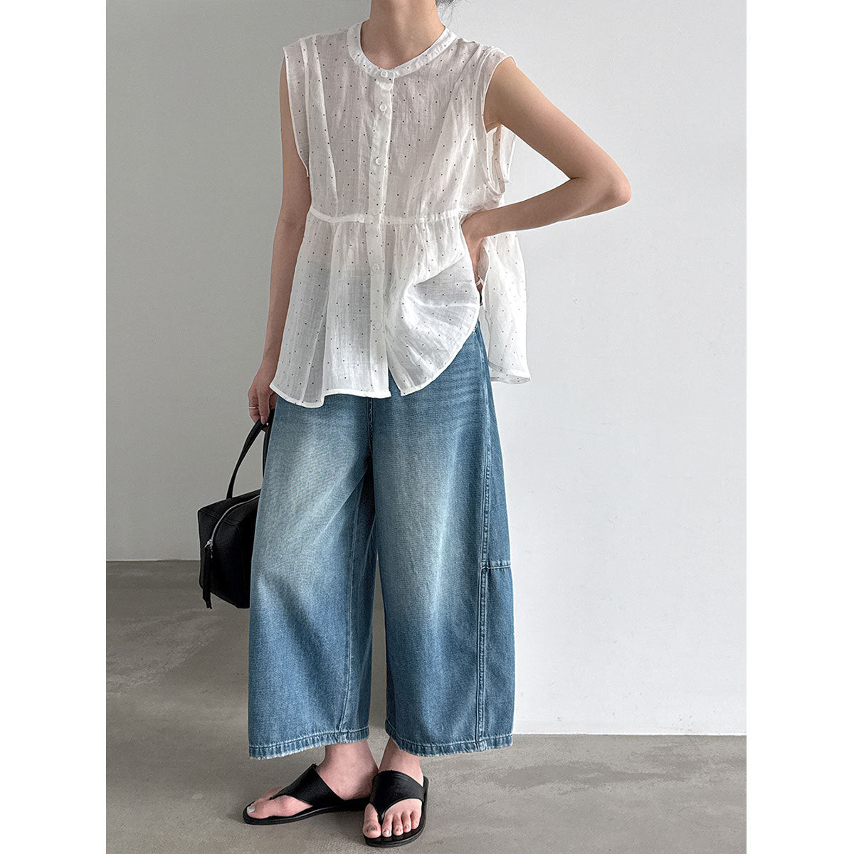 Vintage Denim Cropped Wide Leg Seven Points Jeans With Belt