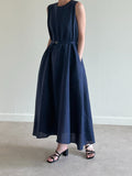 Retro Lace up Cotton Linen long Vest Dress - PAINEVIDA