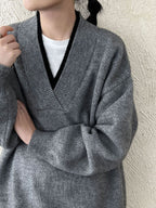 Retro Loose Splicing V-neck Sweater + Wide-leg Pants Suit