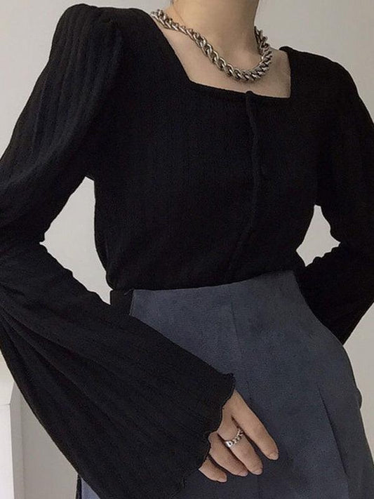 Square Neck Breasted Gathered Flare Sleeve Knit Blouses