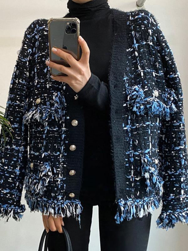 Vintage V-Neck Fringed Frayed Mélange Knit Cardigan by painevida