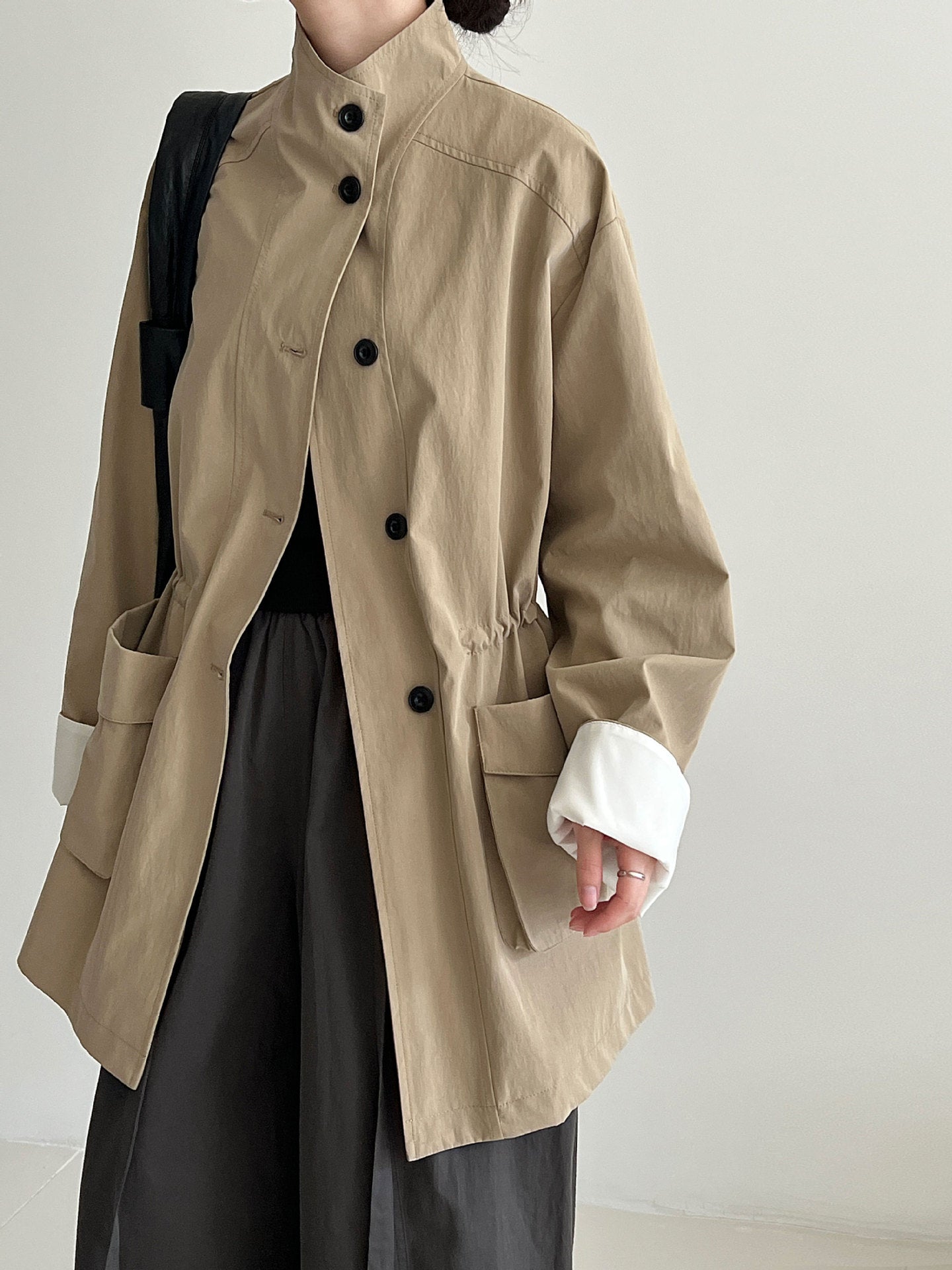 Stand Collar Loose Drawstring Large Pocket Windbreaker Jacket