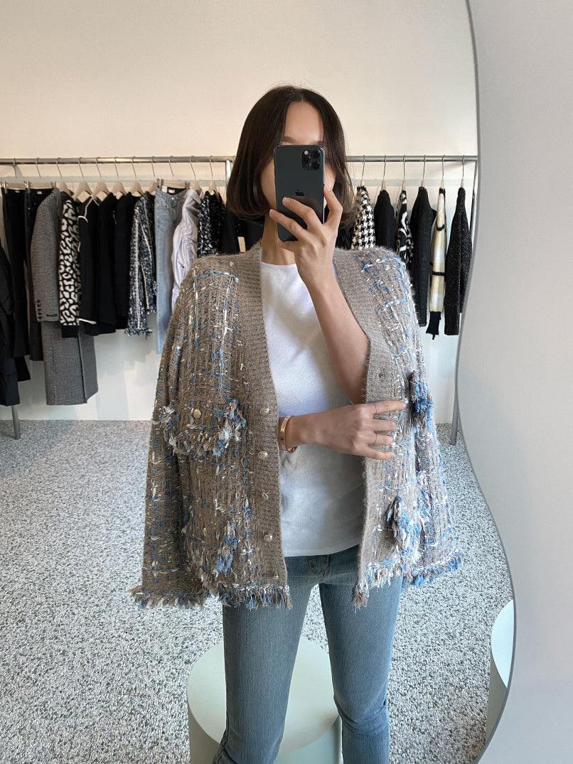 Vintage V-Neck Fringed Frayed Mélange Knit Cardigan by painevida