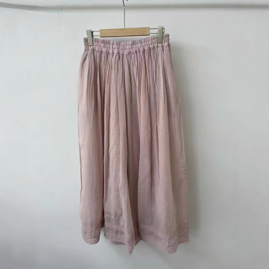 Double-layered Ramie Embroidered Straight-leg Cropped Trousers