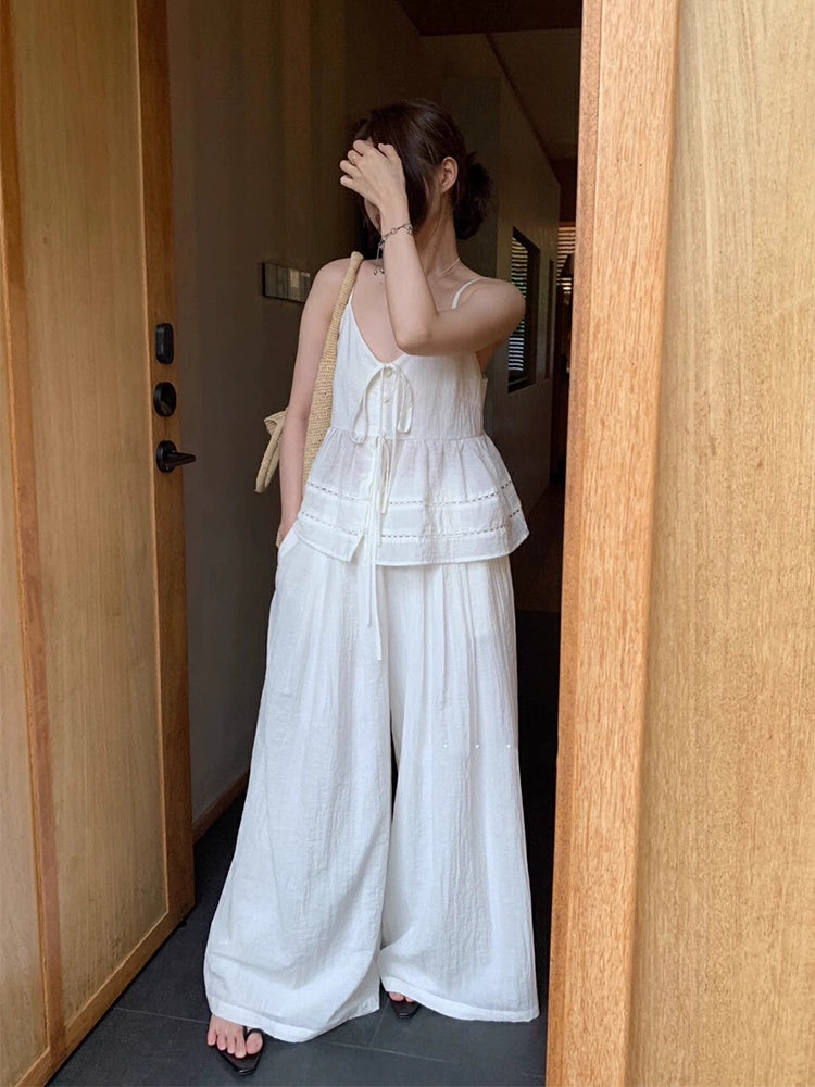 Hollow lace-up Camisole& Wide-leg Trousers 2 Set